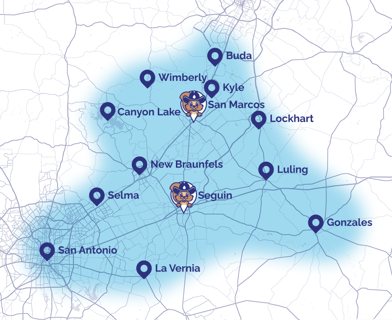 Map of Central Texas with blue pins marking towns (San Antonio, Seguin, New Braunfels, Canyon Lake, Wimberly, Kyle, Buda, San Marcos, Lockhart, Luling, Gonzales, Selma, La Vernia) and a blue coverage area.
